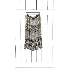 Vintage black beige floral Indian print boho crinkle gauzy stretch waist skirt
